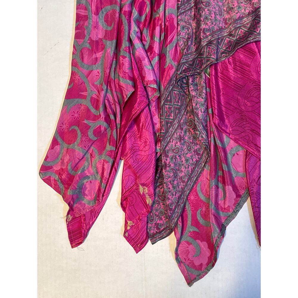 Vintage Asymmetrical Silk Dress Pink Mixed Prints Smocked Bust Womens Small - Picture 4 of 8